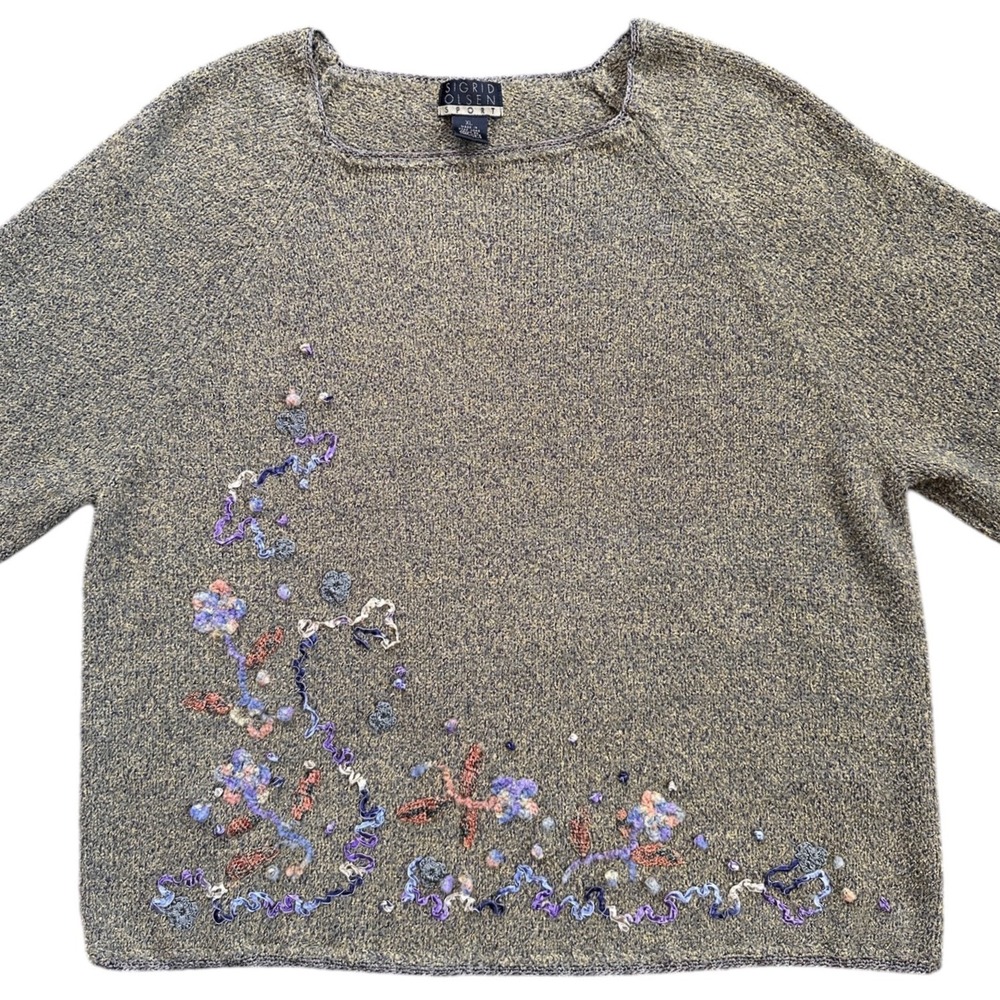 Sigrid‎ Olsen Sport Sweater WmnXL Olive Purple Embroidered Floral Knit EXCELLENT